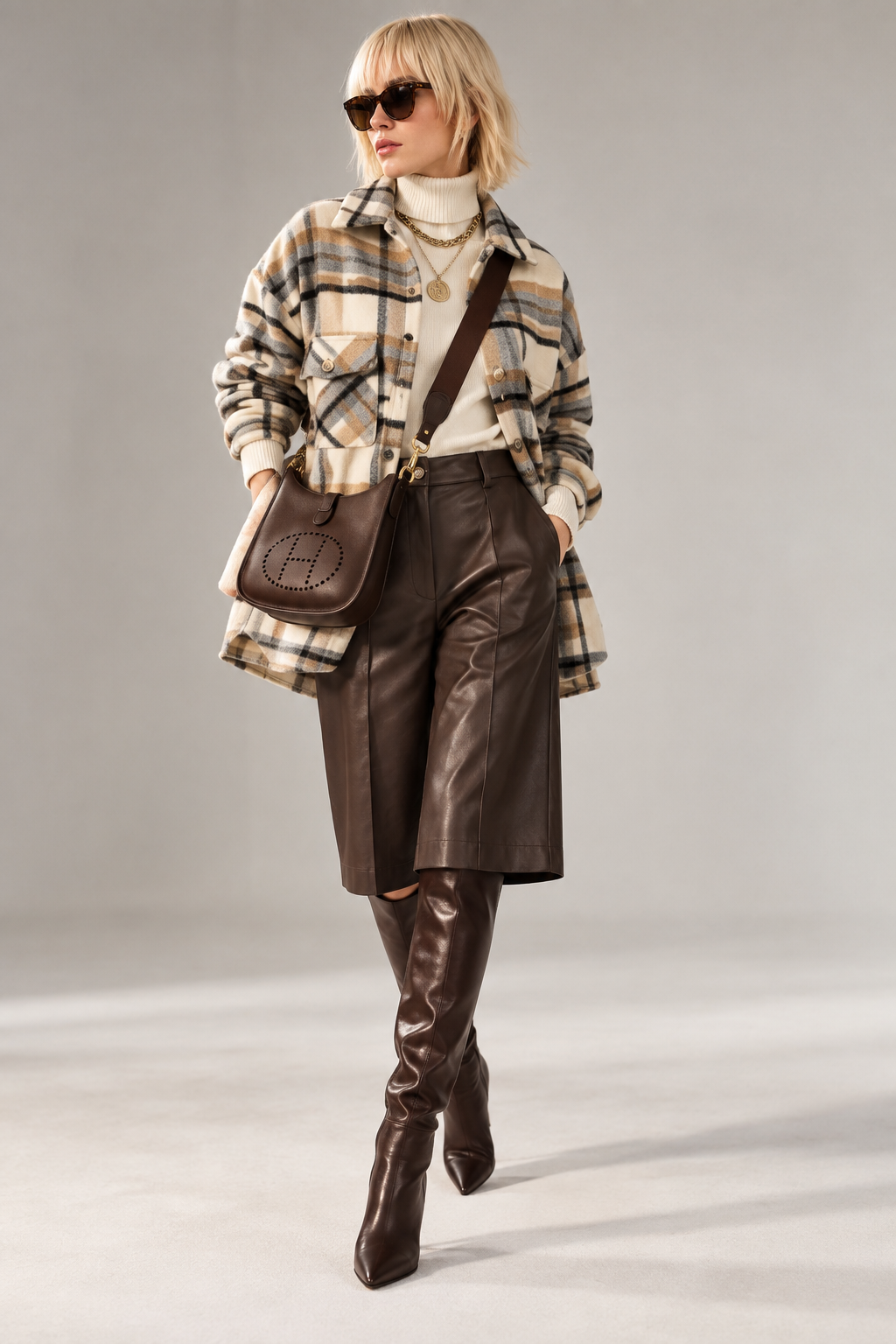 Figaro - Καρό Overshirt Jacket με Τσέπες σε Εκρού, Γκρι & Camel