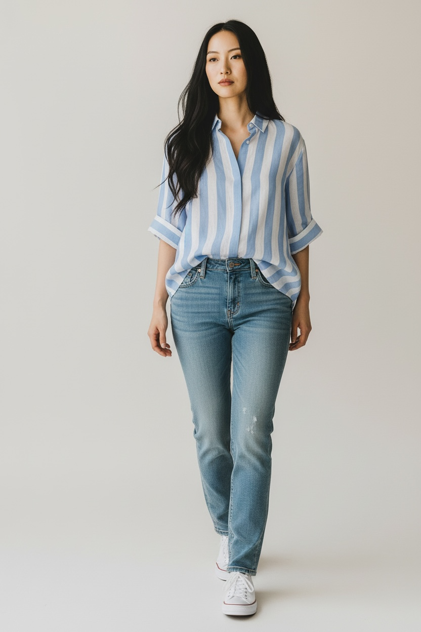 Zeta Otto - Γαλάζιο ριγέ λινό πουκάμισο με κοντά μανίκια & άνετη γραμμή