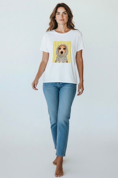 Charizma - Λευκό Μακό T-Shirt με Στάμπα Σκυλάκι & Κίτρινες Ρίγες