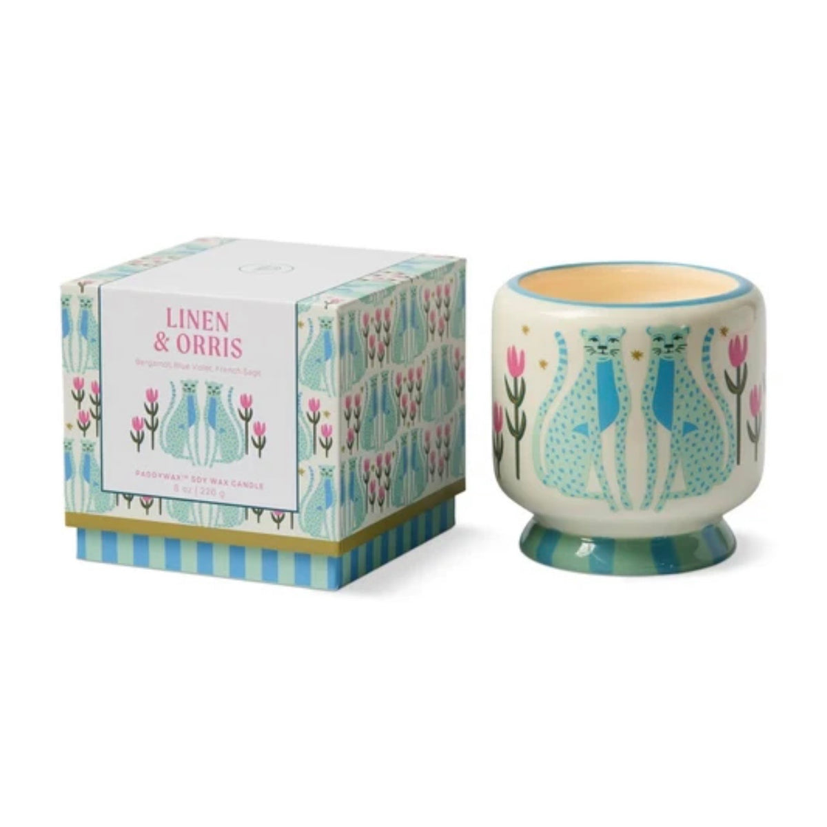 Paddywax Adopo Blue Cheetahs - Κεραμικό κερί σόγιας, Linen & Orris 226gr & Σπίρτα 75 τεμ