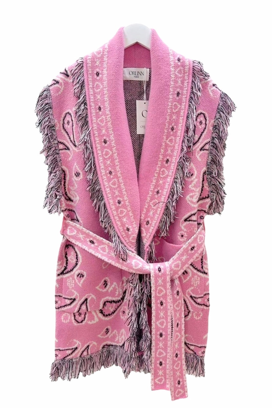Orlinn - Αμάνικη Ζακέτα Boho Chic με Κρόσσια & Ζώνη Ροζ