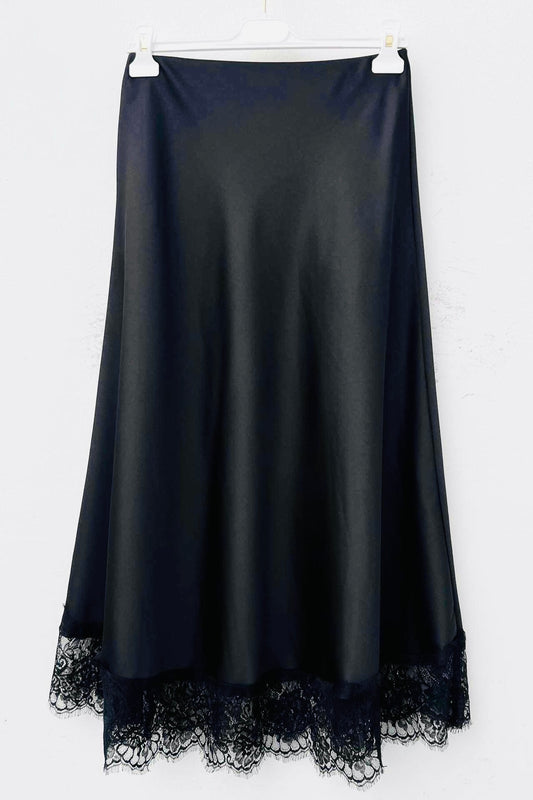 Charizma - Σατέν Μακριά Φούστα με Δαντέλα στο Τελείωμα Μαύρη