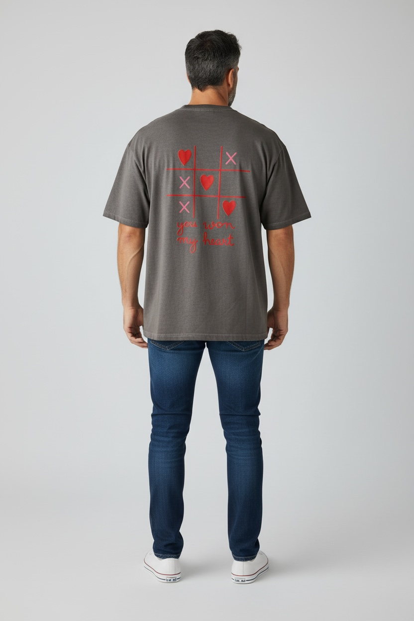 Charizma - Unisex Βαμβακερό Γκρι Μακό T-Shirt Oversized με Στάμπα Τρίλιζα