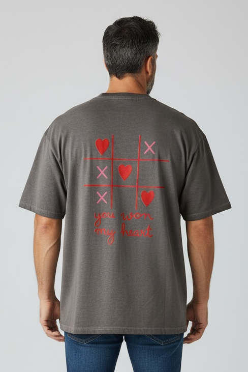 Charizma - Unisex Βαμβακερό Γκρι Μακό T-Shirt Oversized με Στάμπα Τρίλιζα