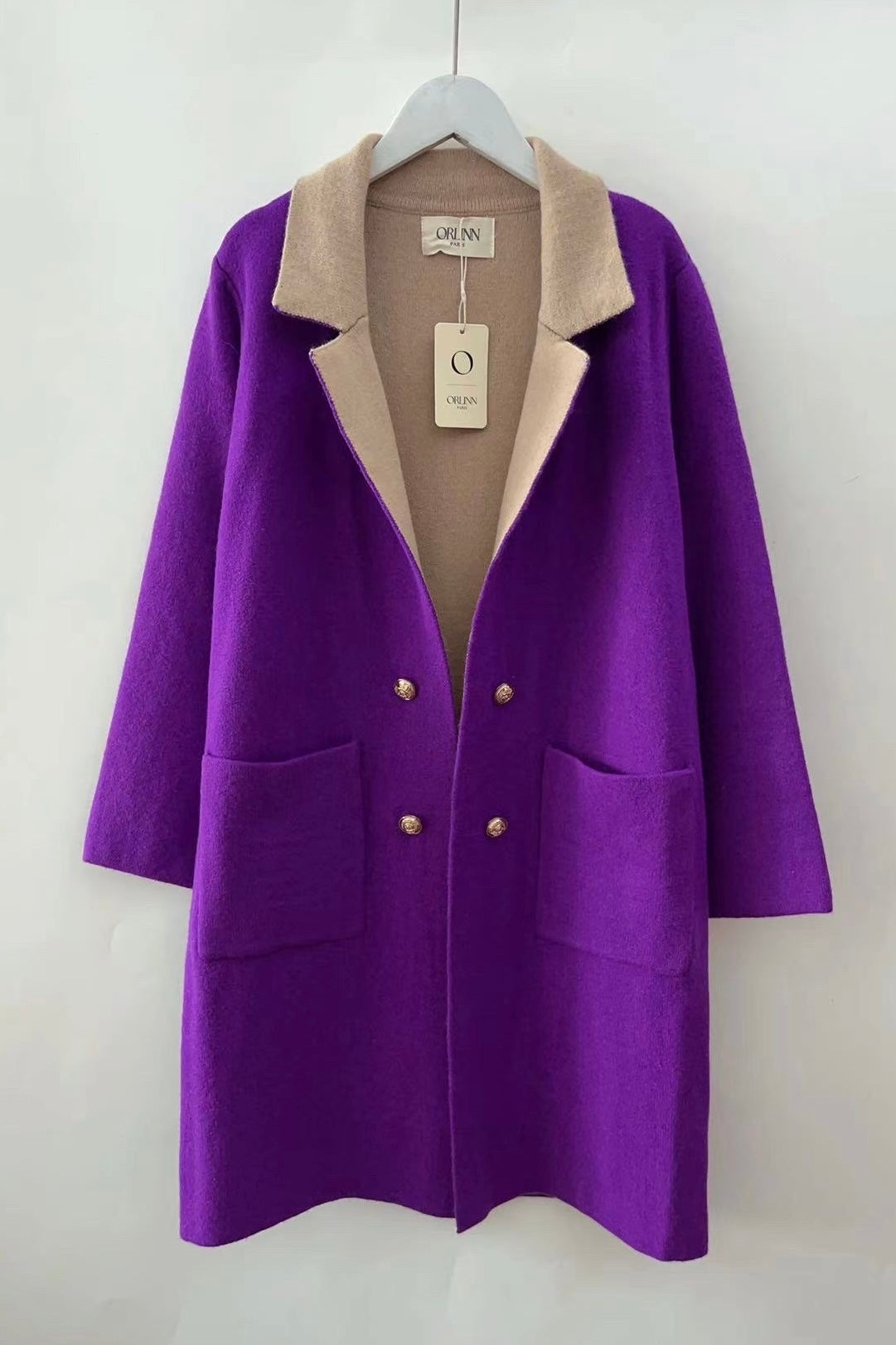 Orlinn - Ζακέτα Midi με Διπλή Απόχρωση στο Πέτο & Διακοσμητικά Χρυσά Κουμπιά Μωβ