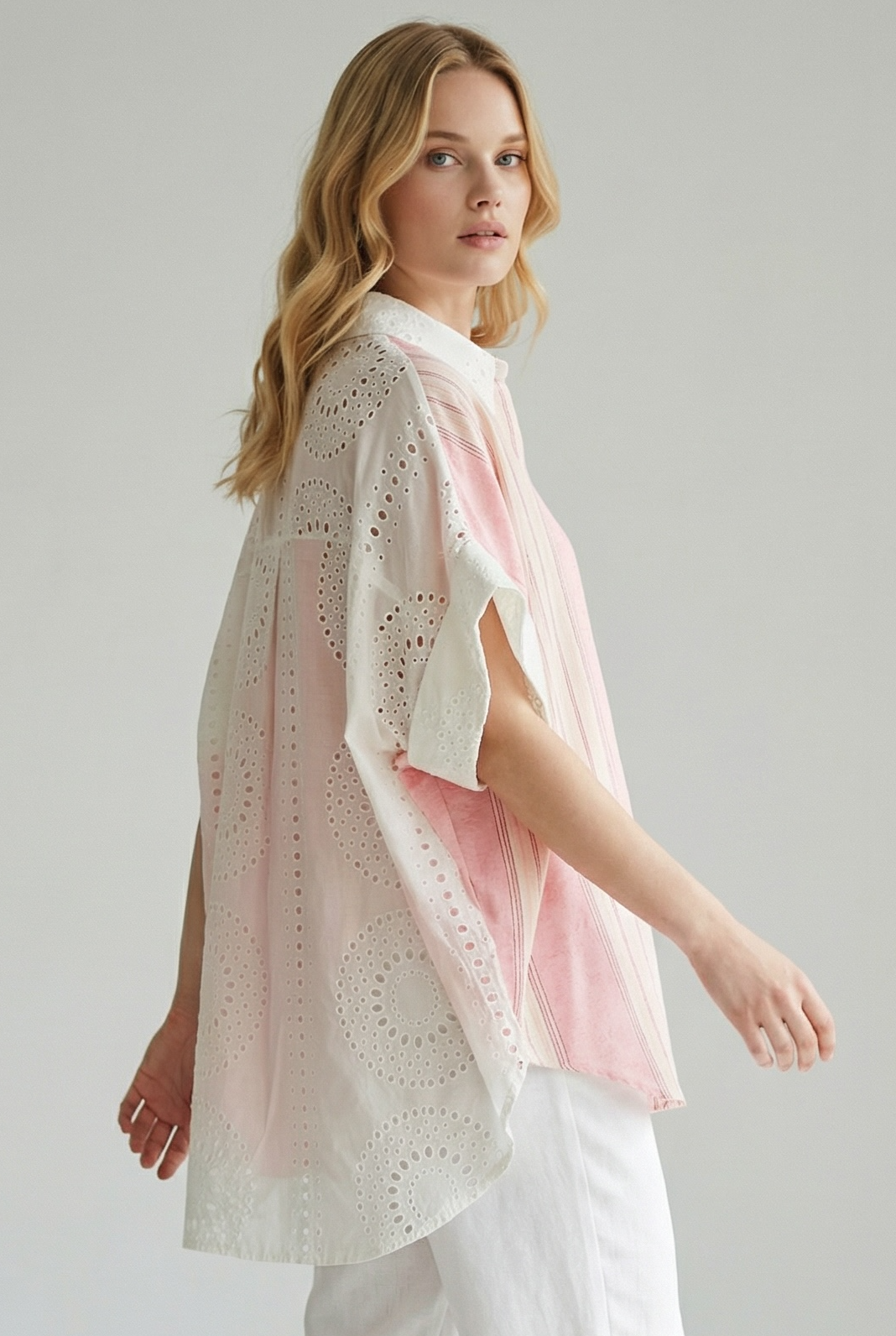 Zeta Otto - Oversized Λινό Πουκάμισο με Υφαντό & Κιπούρ Δαντέλα Ροζ