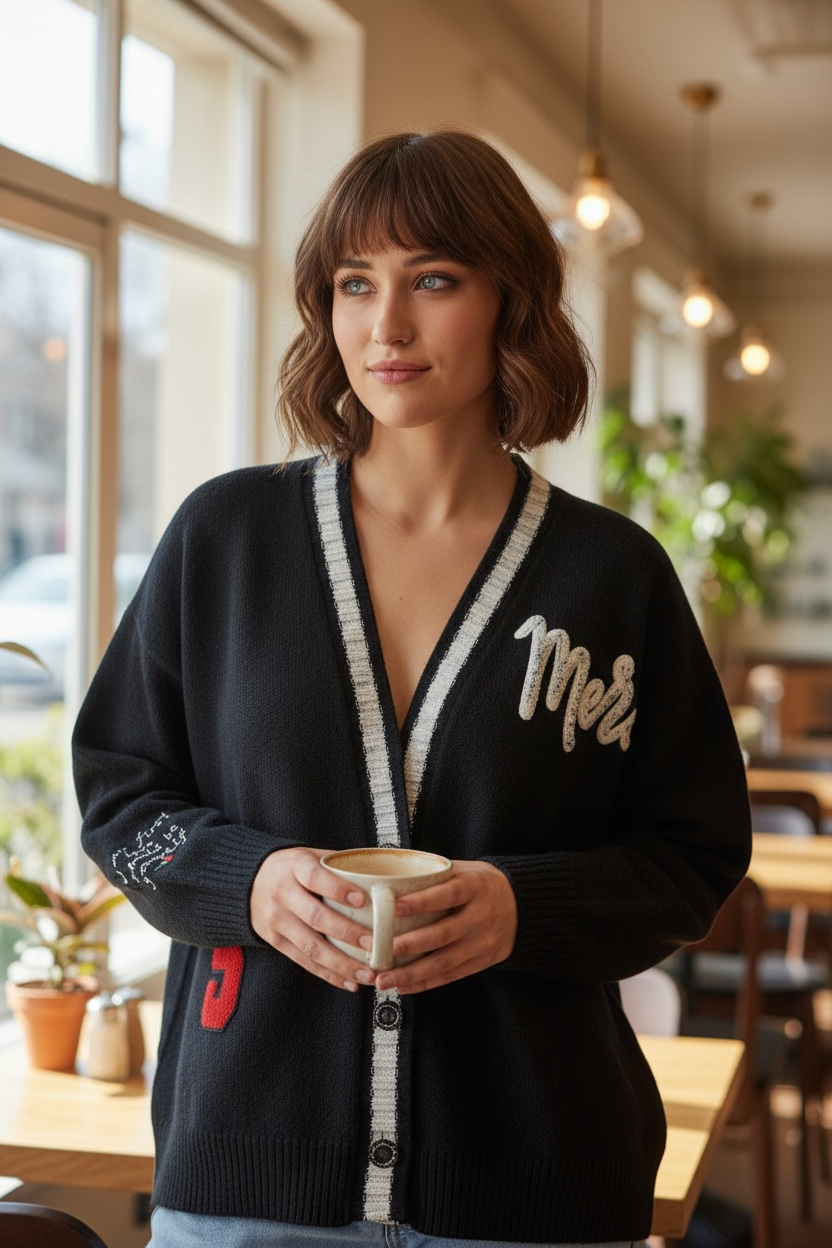 Eighty2 by Figaro - Μαύρη Oversized Ζακέτα με Μαύρη Ρίγα και Κεντημένο "LOVE" στην Πλάτη