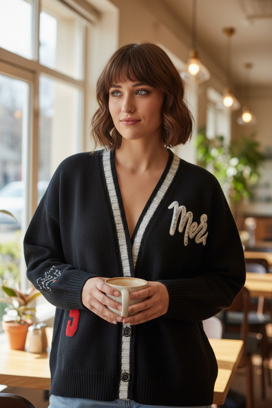 Eighty2 by Figaro - Μαύρη Oversized Ζακέτα με Μαύρη Ρίγα και Κεντημένο "LOVE" στην Πλάτη