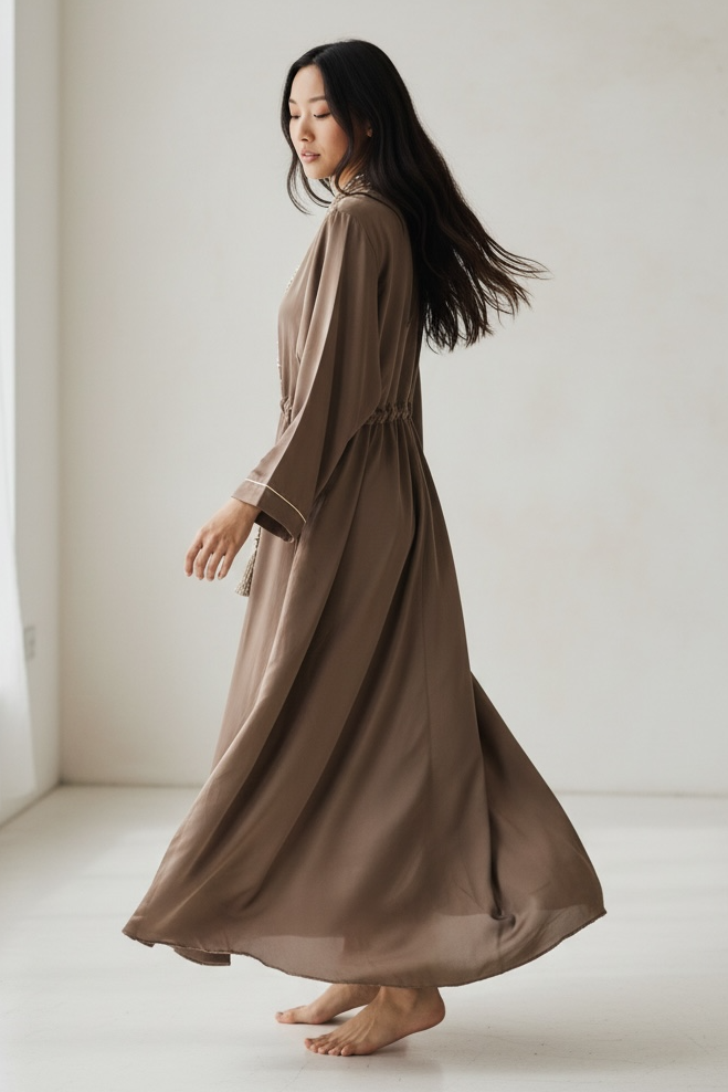 Charizma - Μάξι Καφτάνι Φόρεμα με Διακοσμητικά Στοιχεία και Ρυθμιζόμενη Μέση Καφέ