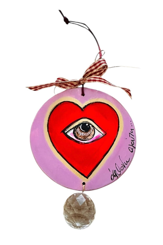 Ψαρόνι - Κεραμική Καρδιά Γούρι Με Κρύσταλλο Ροζ