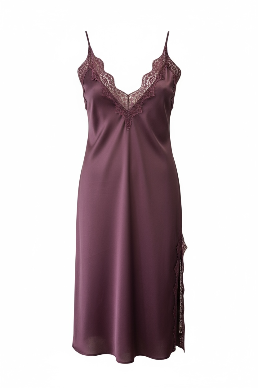 Charizma -Σατέν Φόρεμα με Δαντέλα & Πλαϊνό Σκίσιμο Μπορντό
