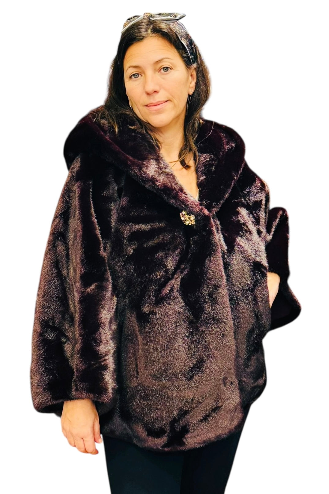 Charizma - Συνθετική Γούνα με Κουκούλα, Τσέπες σε Στυλ Κάπας Μπορντό