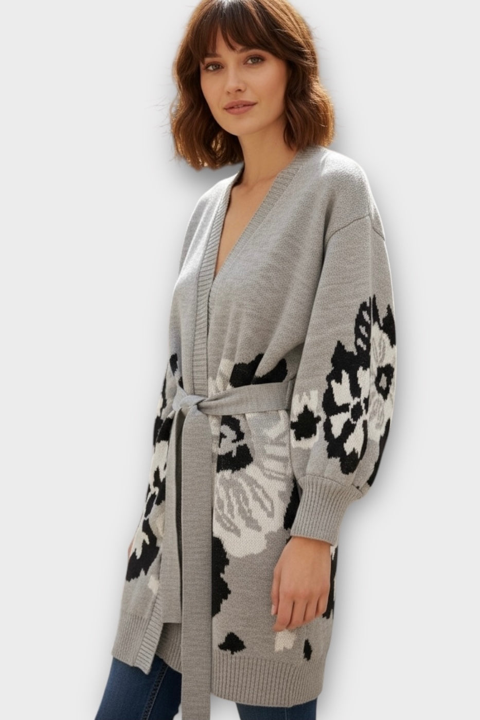 Figaro - Πλεκτή Μακριά Ζακέτα Belted Knit Γκρι