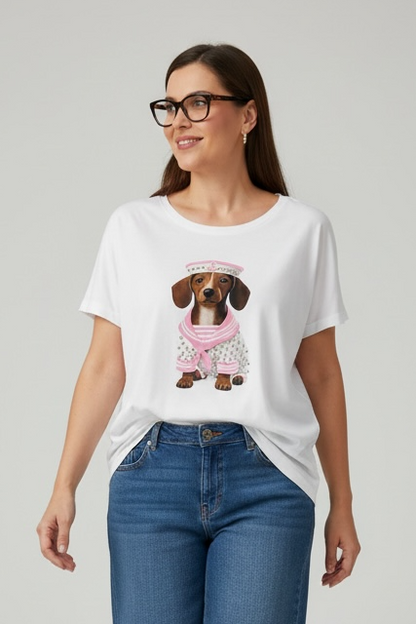 Charizma - Λευκό Μακό T- shirt Oversized Με Στάμπα Σκυλάκι Ροζ Nautical Style