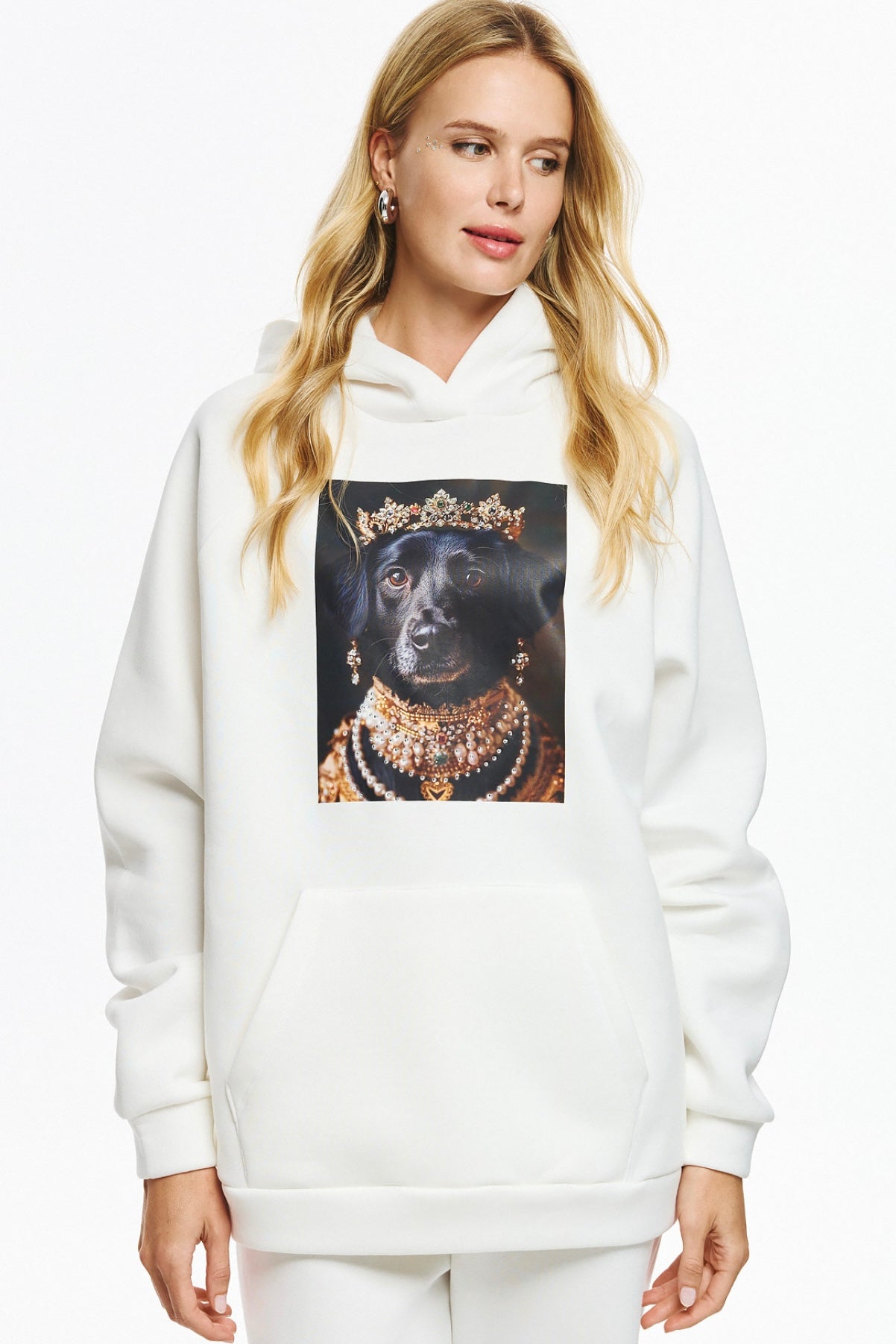 Unitee- Φούτερ Μπλούζα Λευκό με Κουκούλα με Σκύλο με Κορώνα