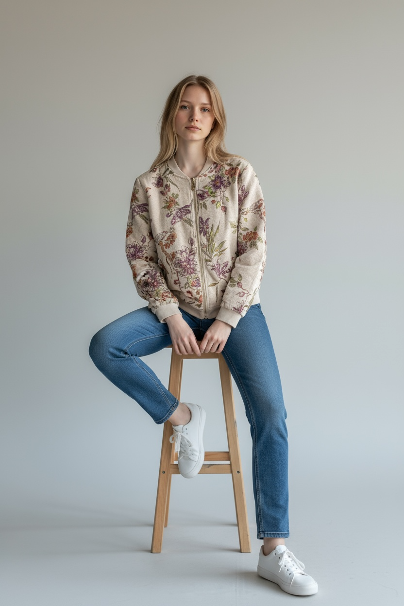 Charizma - Πανωφόρι Bomber με Ανάγλυφο Ανθοκέντημα & Παγιέτες Μπεζ