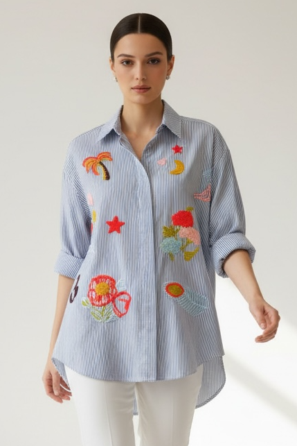 Zeta Otto - Oversized Ριγέ Πουκάμισο με Patches