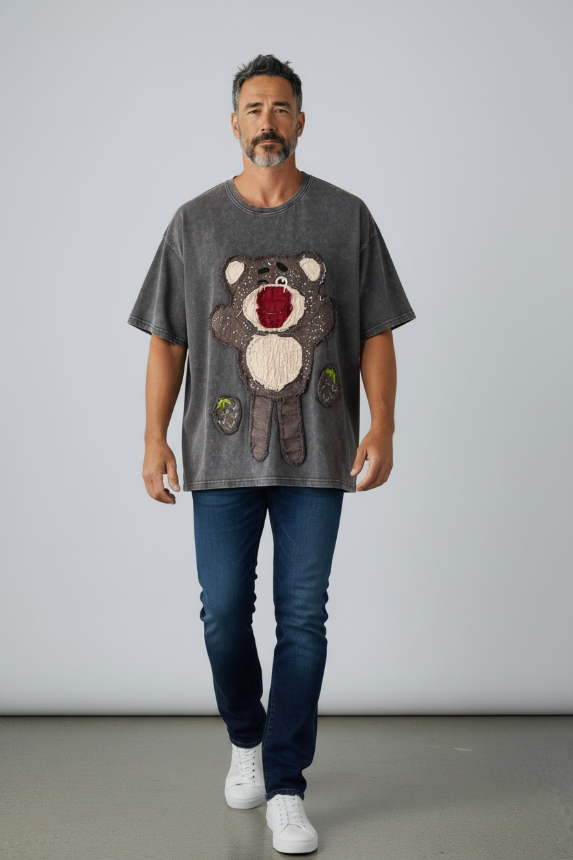 Charizma - Γκρι Oversized Unisex Βαμβακερό T-Shirt Μακό Απλικαρισμένο σχέδιο Lotso