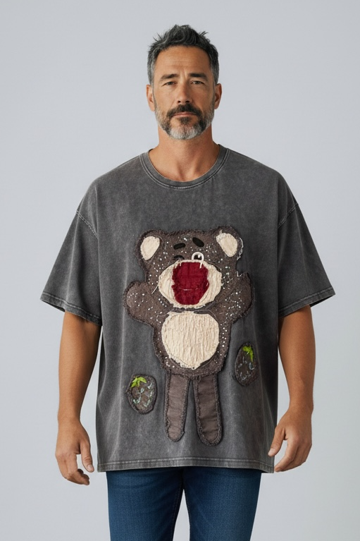 Charizma - Γκρι Oversized Unisex Βαμβακερό T-Shirt Μακό Απλικαρισμένο σχέδιο Lotso