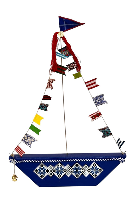 Maria Davilla - Χειροποίητο Μεγάλο Καράβι Με Ξύλινη βάση & Σημαιάκια Μπλε