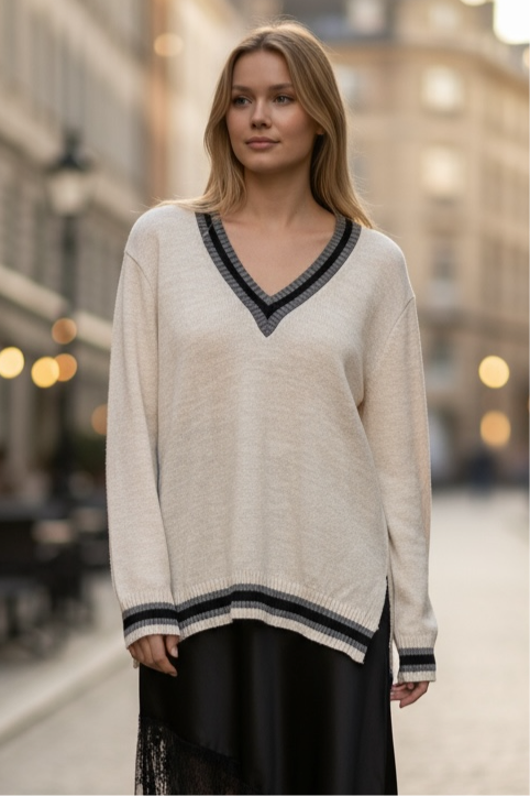 Figaro - Πλεκτό Πουλόβερ V Μαυρο Γκρι Μπεζ