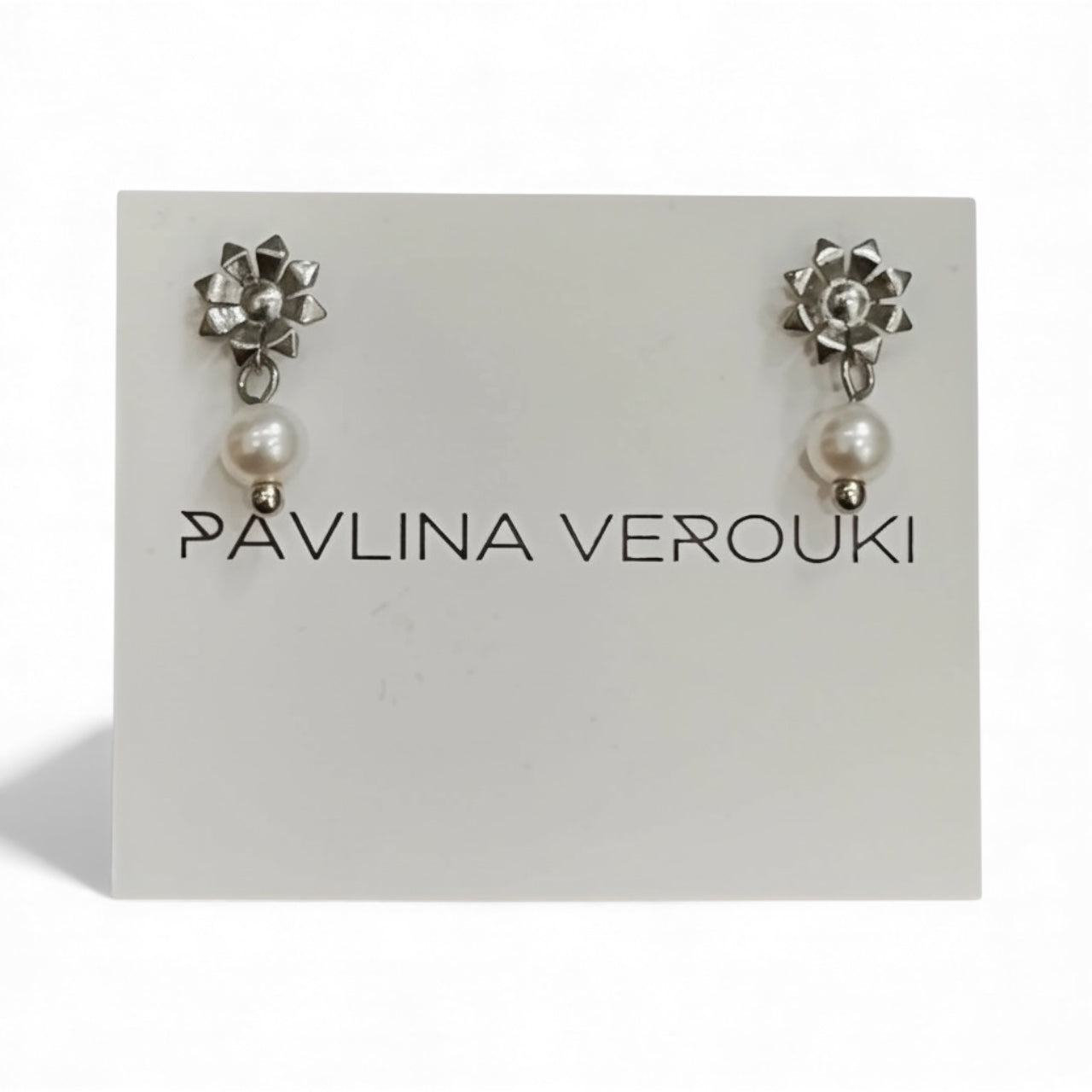 Pavlina Verouki - Flower Mini Ασημένια Σκουλαρίκια Λουλούδι & Μαργαριτάρι Ασήμι