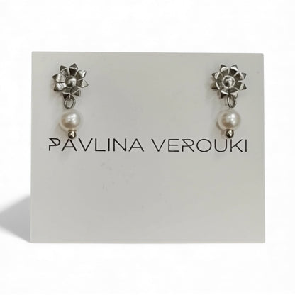 Pavlina Verouki - Flower Mini Ασημένια Σκουλαρίκια Λουλούδι & Μαργαριτάρι Ασήμι