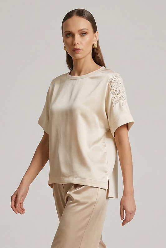 Figaro - Μπλούζα Διπλής Υφής με Σατέν Μπροστά & Μακό Πίσω με Κέντημα Ασημοκλωστής