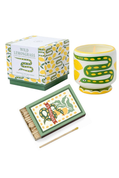 Paddywax A dopo Snake - Κεραμικό κερί σόγιας, Wild Lemongrass 226gr & Σπίρτα 75 τεμ