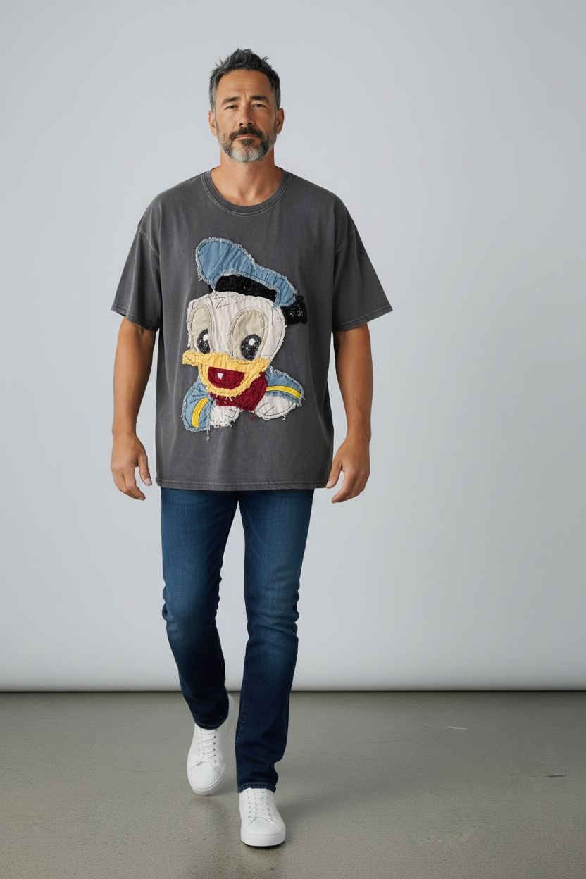 Charizma - Γκρι Oversized Unisex Βαμβακερό T-Shirt Μακό Απλικαρισμένο Σχέδιο Donald Duck