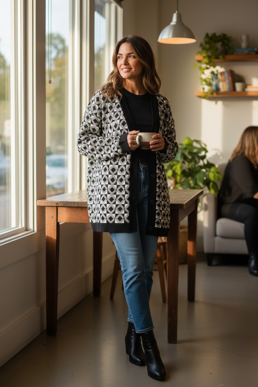 Figaro - Μπλούζα - Ζακέτα Μακριά Πλεκτή με Γεωμετρικό Μοτίβο