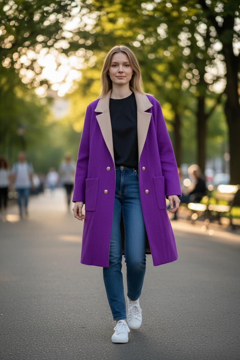 Orlinn - Ζακέτα Midi με Διπλή Απόχρωση στο Πέτο & Διακοσμητικά Χρυσά Κουμπιά Μωβ