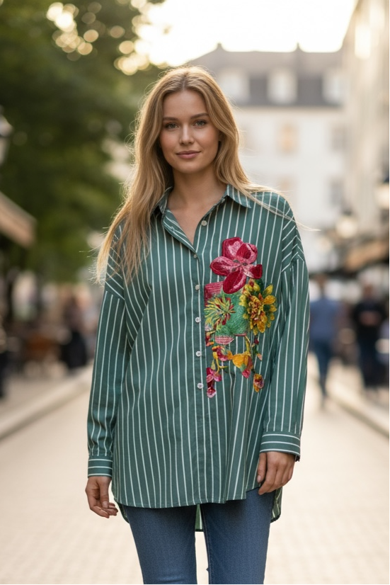 ANLYTA - Πουκάμισο Πετρολ Ριγέ Oversized Με Κέντημα