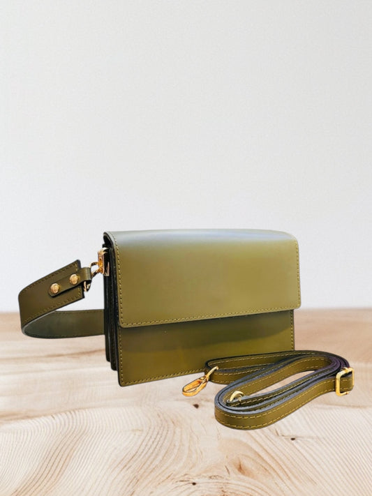 Loet - Δερμάτινη τσάντα ώμου με 2 λουράκια λαδί
