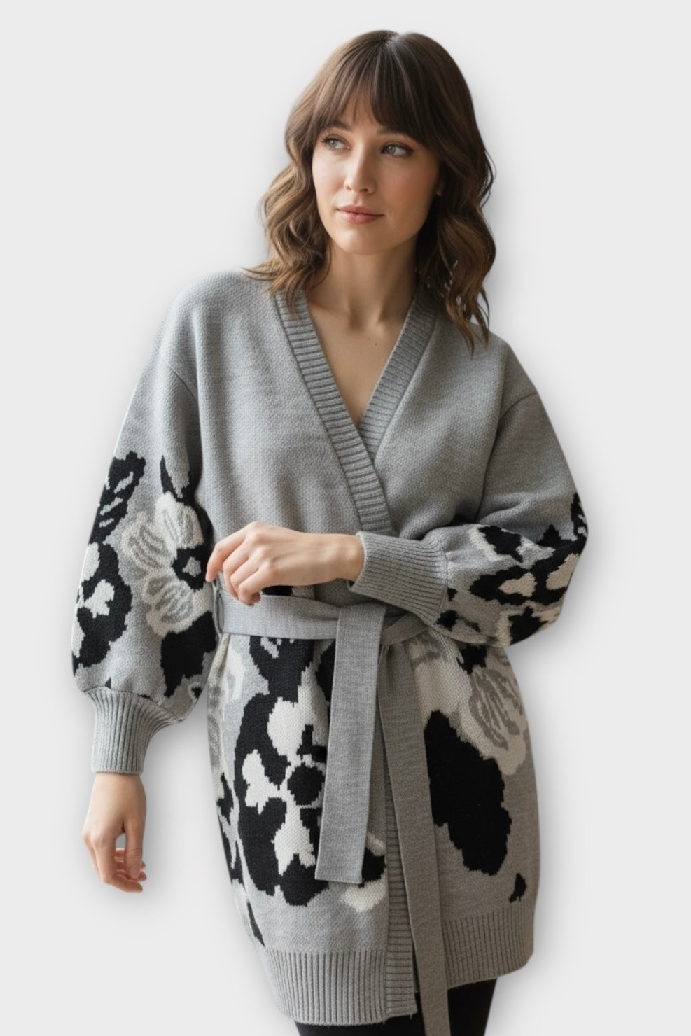 Figaro - Πλεκτή Μακριά Ζακέτα Belted Knit Γκρι