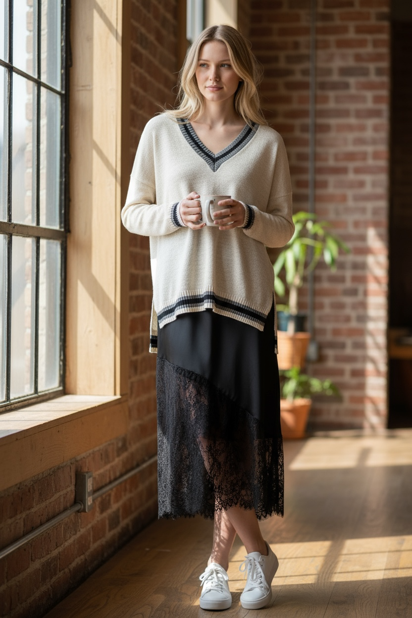 Charizma - Σατέν Μακριά Φούστα με Δαντέλα Διαγώνια στο Τελείωμα Μαύρη