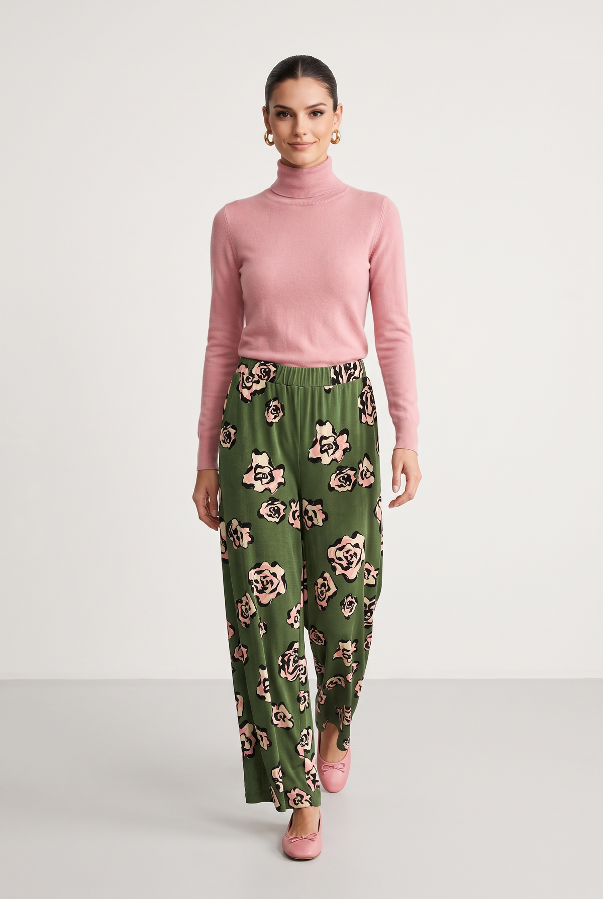New Age - Jesica Ελαστική Πράσινη Παντελόνα Βελούδο Με Floral Σχέδιο