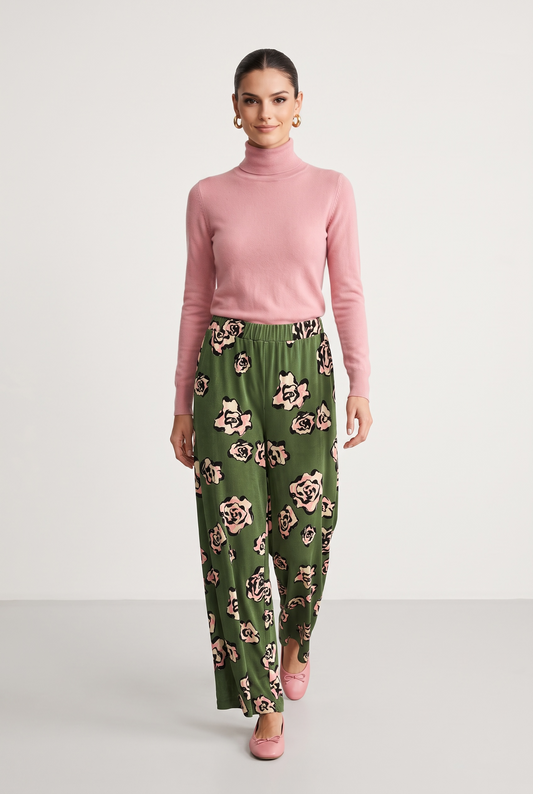 New Age - Jesica Ελαστική Πράσινη Παντελόνα Βελούδο Με Floral Σχέδιο