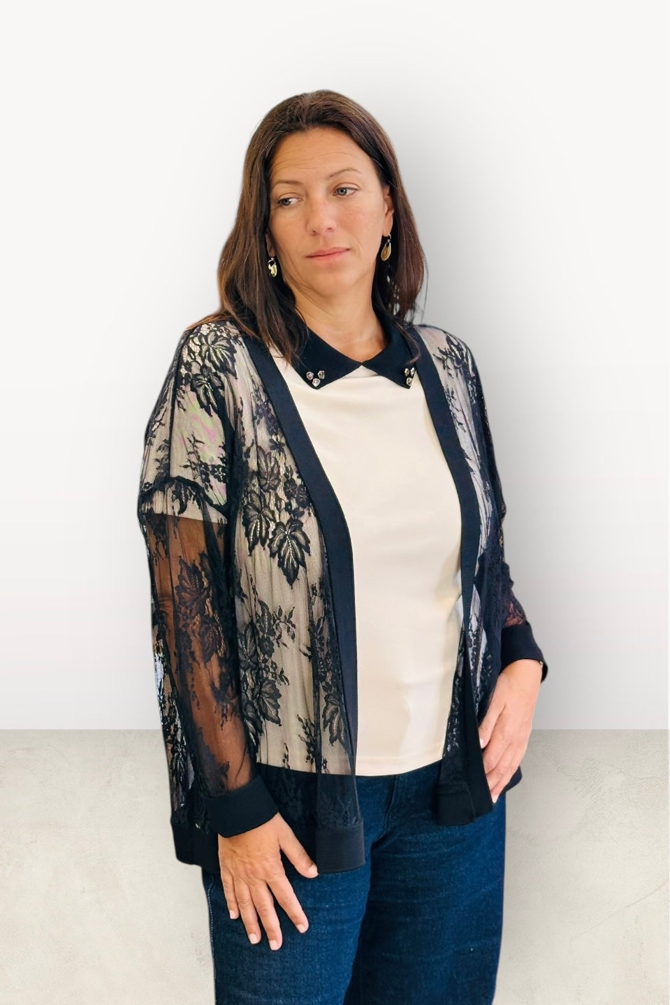 Figaro - Ζακέτα Δαντέλα με Μακρύ Μανίκι χωρίς Κουμπιά