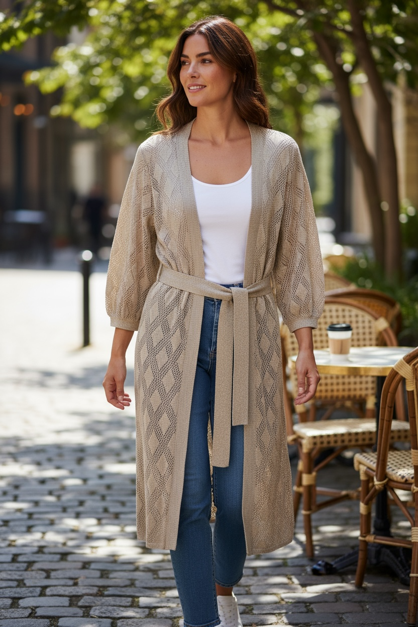 Eighty2 by Figaro - Μακριά Πλεκτή Ζακέτα με Ζώνη Χρυσό Lurex