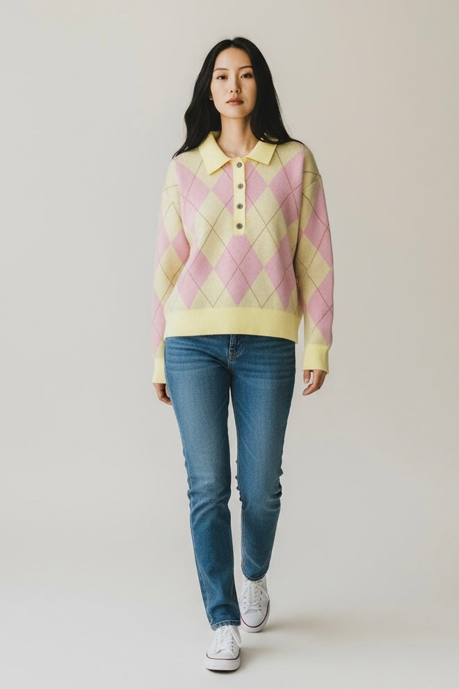 Charizma - Πλεκτό Πουλόβερ Ρόμβοι (Argyle) Ροζ - Κίτρινο