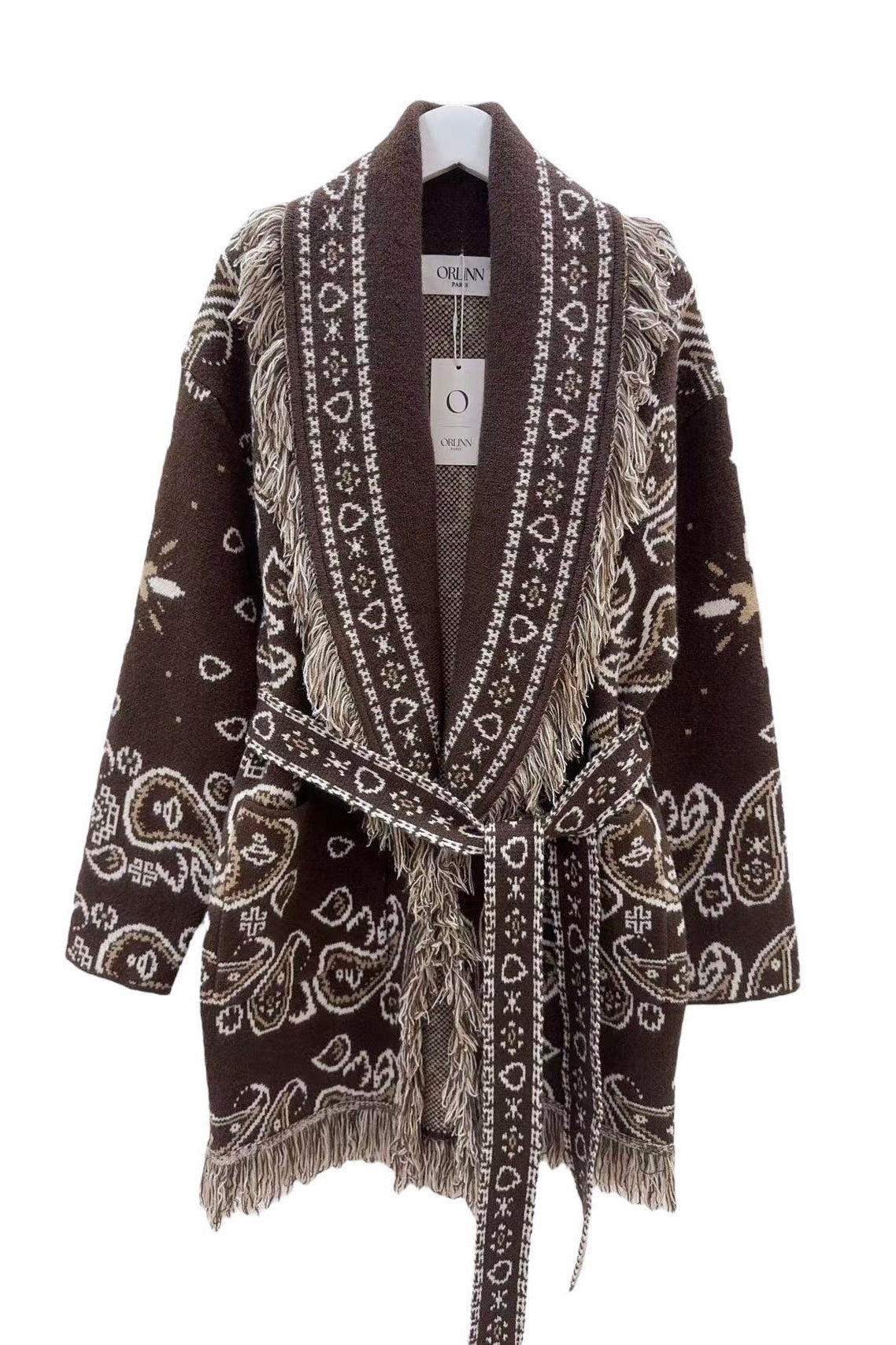 Orlinn - Ζακέτα Παλτό Boho Chic με Κρόσσια & Ζώνη Καφέ