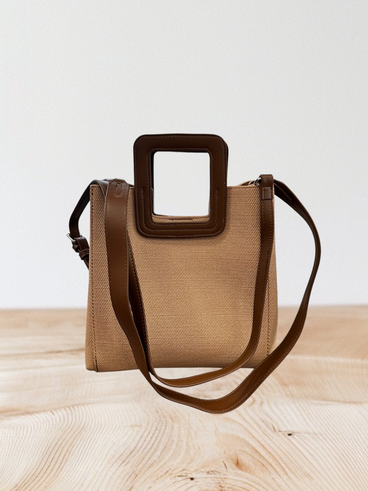 Charizma - Τσάντα Χειρός, Ώμου & Χιαστί σε Μόκα Υφασμάτινη Υφή με Τετράγωνη Λαβή