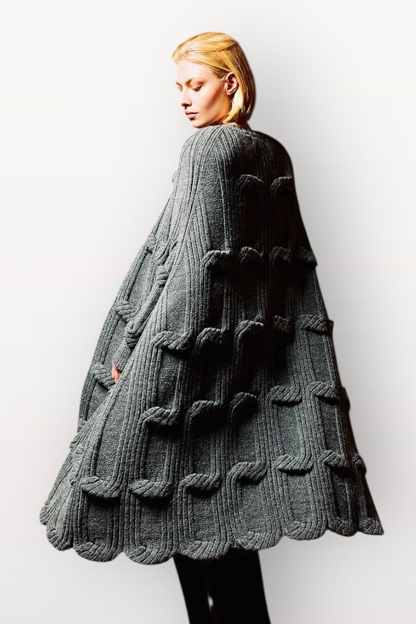 Tailor Made - Μακριά Kάπα Πλεκτή Premium Απαλή Υφή & Art-Details Γκρι