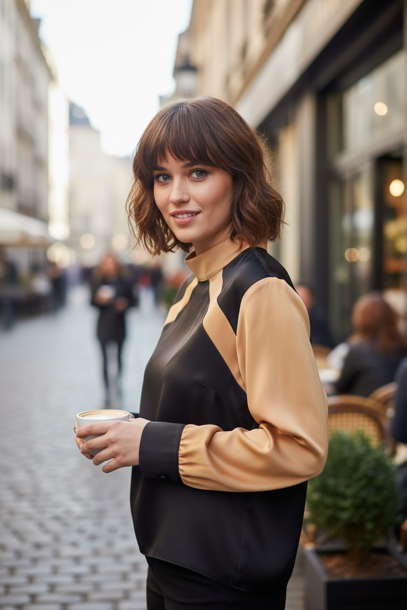 Figaro -  Σατέν Πουκάμισο Μαύρο με Μπεζ Λεπτομέρειες