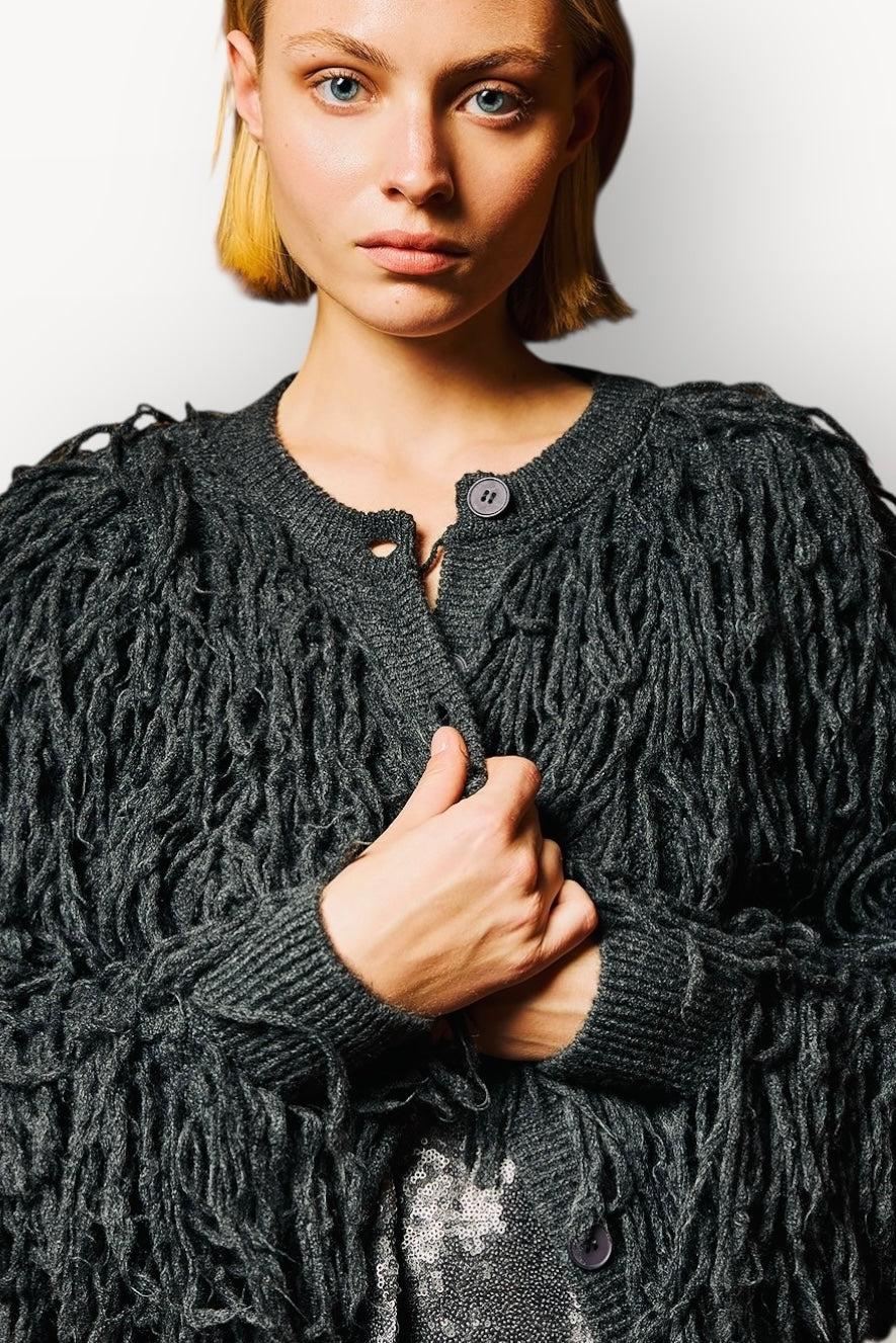 Tailor Made - Boho Touch Κοντή Πλεκτή Ζακέτα με Κρόσσια Γκρι