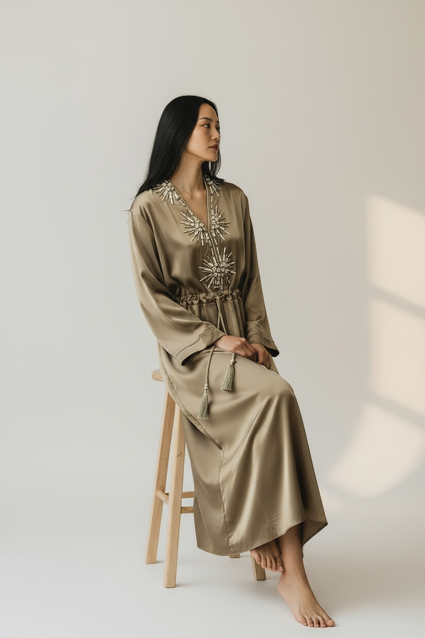 Charizma - Μάξι Καφτάνι Φόρεμα με Διακοσμητικά Στοιχεία και Ρυθμιζόμενη Μέση Χακί
