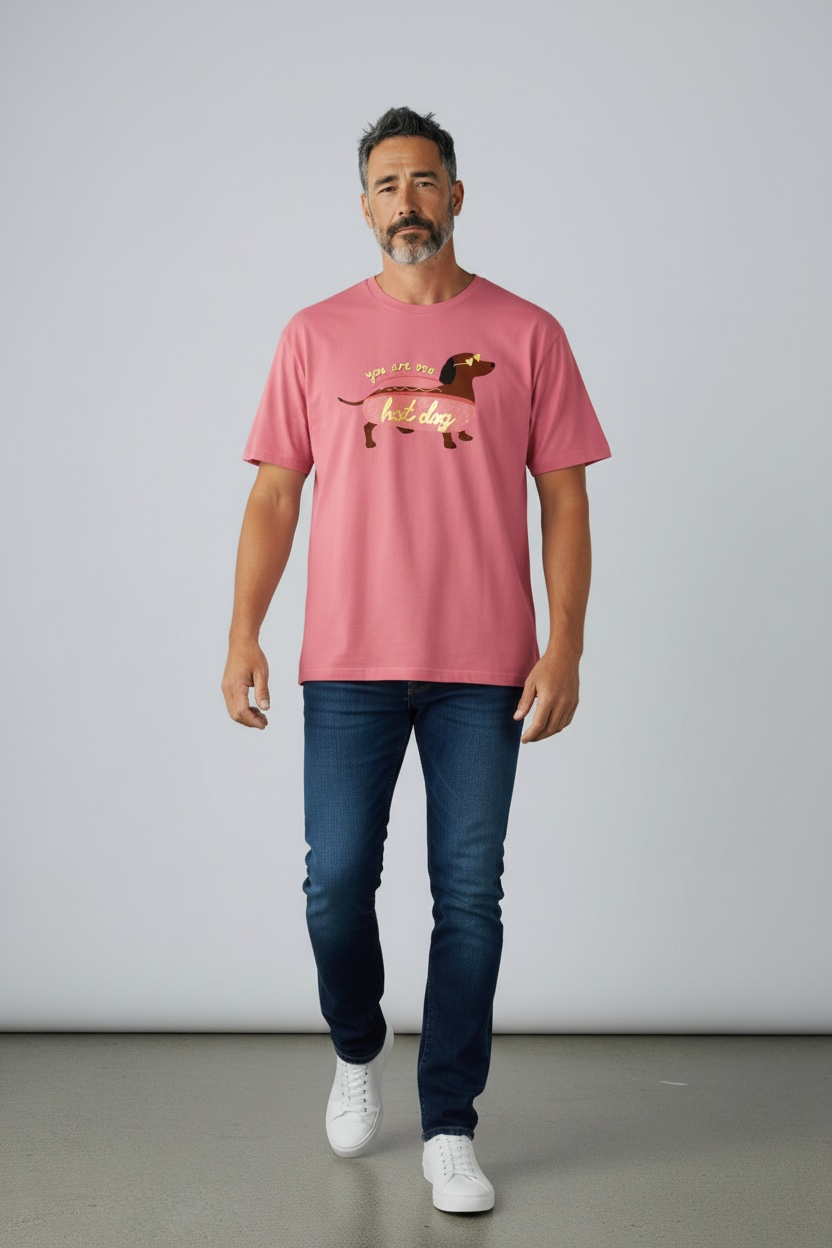 Charizma - Unisex Βαμβακερό Ροζ Μακό T-Shirt Oversized με Στάμπα Hot Dog