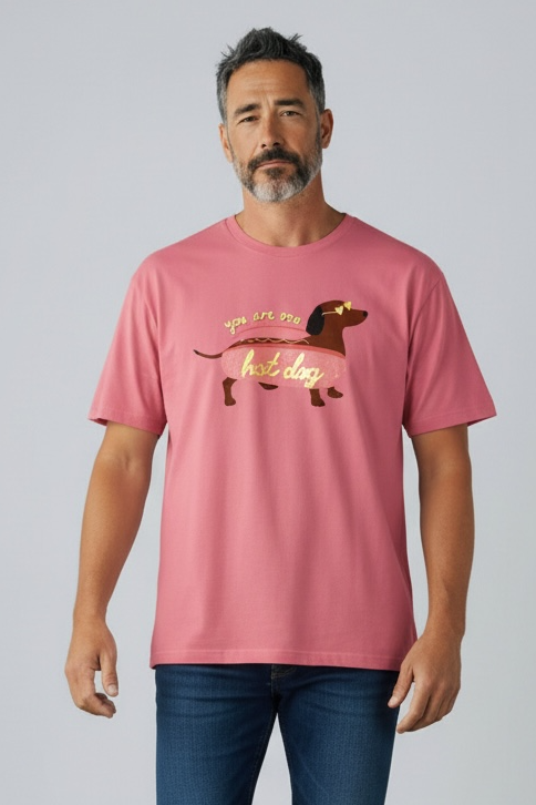 Charizma - Unisex Βαμβακερό Ροζ Μακό T-Shirt Oversized με Στάμπα Hot Dog