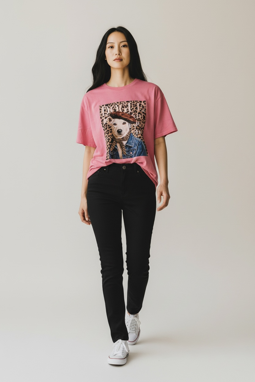 Charizma - Unisex Βαμβακερό Ροζ Μακό T-Shirt Oversized με Στάμπα Dogue Paris